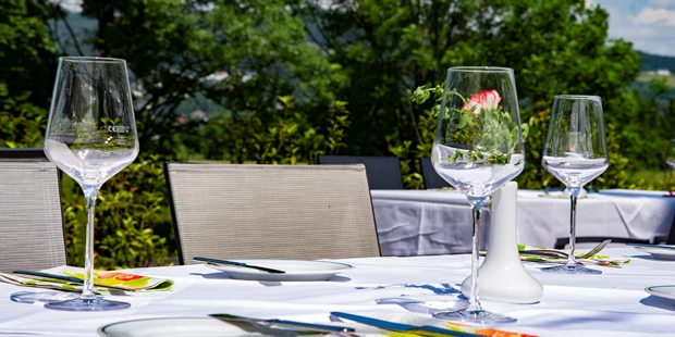 Tagungshotels - geeignet für: Empfang - Elz (Lasberg) - gedeckter Tisch auf der Terrasse im Restaurant Donauwelle - Hotel Donauwelle Linz