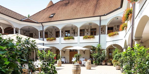 Tagungshotels - Hunde erlaubt - Steiermark - Innenhof des Weinschlosses im Sommer - Weinschloss Thaller