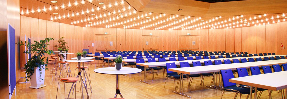 Seminarraum: Großer Saal mit parlamentarischer Bestuhlung und seitlicher Aktionsfläche - Stadthalle Erding